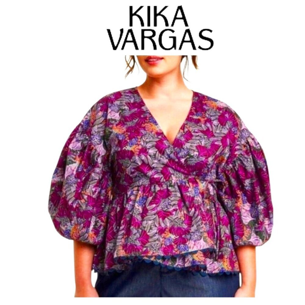 Kika Vargas Scallop Edge Cotton Wrap Blouse Purple Floral Medium Target Collab